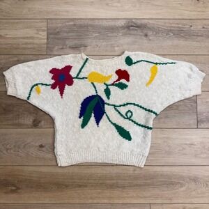 Vintage Twee Half Sleeve Sweater Shapley Knits Floral 80's Cream Size M